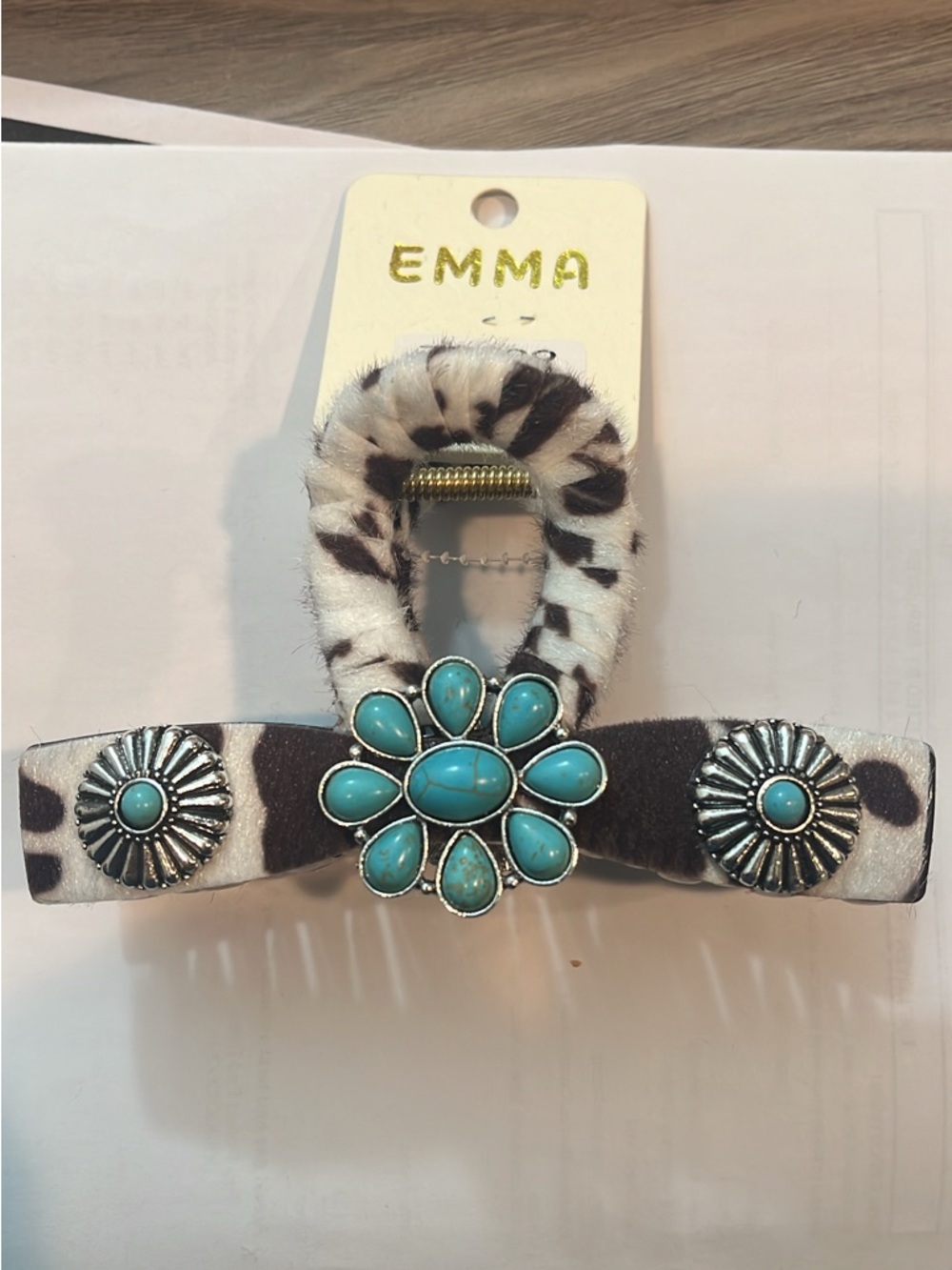 Turquoise Floral Concho Hair Clip in Black & White